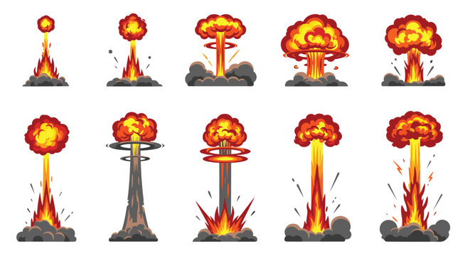 Animation sprite sheet frames of atomic nuclear explosion mushroom cloud vector game asset elements.