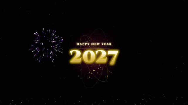 Happy New Year 2027 gold text animation, festive fireworks display on black background, glowing 2027 holiday celebration video