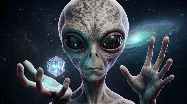 Extraterrestrial alien holding a glowing geometric energy cube in deep space galaxy background