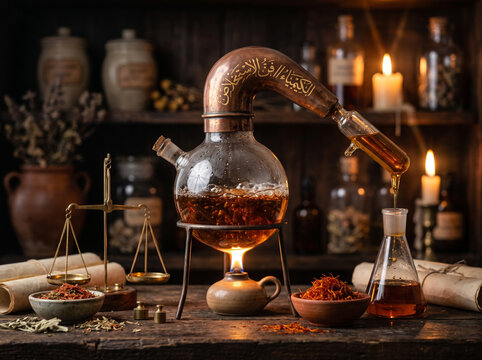 Antique glass distillation alembic equipment boiling chemical liquid over candle flame