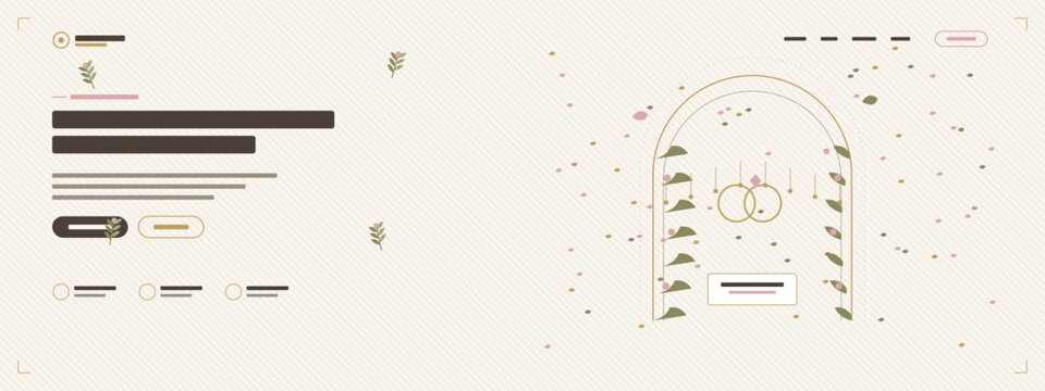 Wedding planner website banner template, elegant event hero header with botanical arch, rings, florals and invitation card, placeholder text, vector landing page design