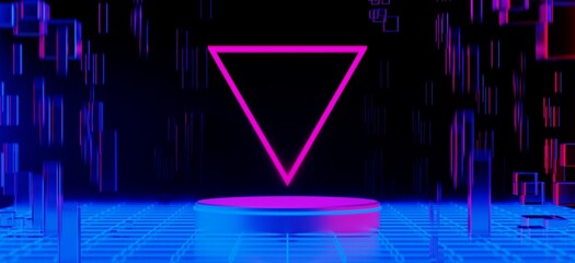 abstract backgound video game of scifi gaming cyberpunk, vr virtual reality simulation and metaverse, scene stand pedestal stage, 3d illustration rendering, futuristic neon glow room © issaronow