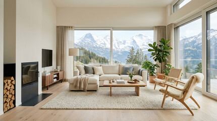 Fototapeta premium Modern Minimalist Living Room with Panoramic Mountain View and Cozy Scandinavian Interior Design