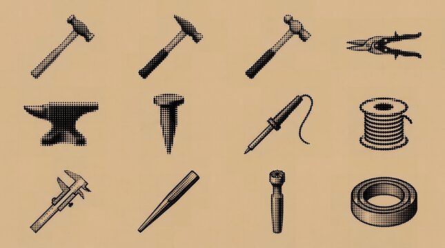 Jewelry craft tool set including soldering iron and wire spool for artisan workshop marketing graphics.