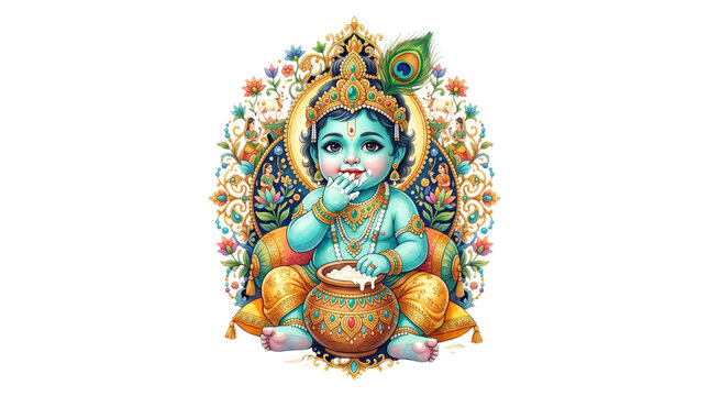 Baby krishna eating butter from a pot isolated on transparent background