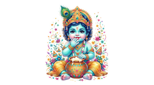 Cute baby krishna eating butter from a pot isolated on transparent background