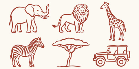 Naklejka premium Hand made doodle safari animals and in a simple line drawing style on a neutral background for illustrative purposes