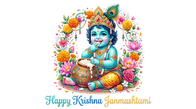 Baby krishna eating butter with flowers isolated on transparent background