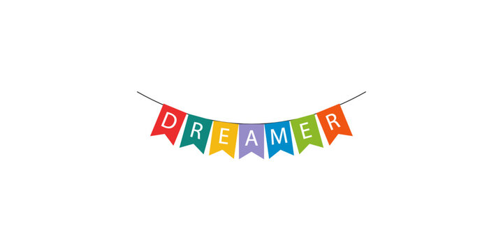 Colorful bunting flags spelling the word dreamer on white background