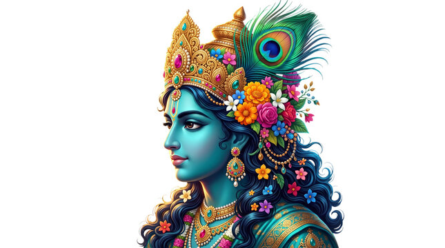 Portrait of lord krishna with flowers isolated on transparent background