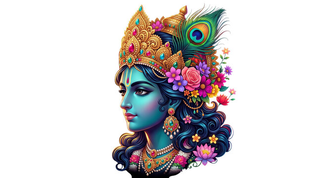 Portrait of lord krishna with flowers and peacock feather isolated on transparent background