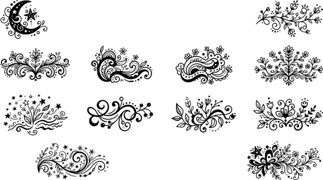 Set of black hand drawn decorative elements, swirls, flowers, stars and moon