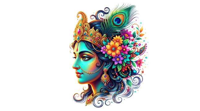 Lord krishna profile portrait with peacock feather and flowers isolated on transparent background