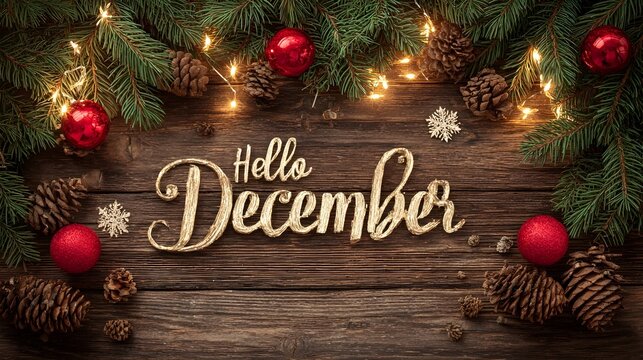 Hello December lettering on wooden table with pine branches and ornaments