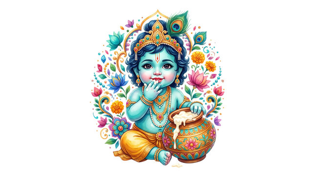 Baby krishna eating butter from pot, isolated on white isolated on transparent background