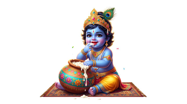 Baby krishna eating butter from pot on rug, isolated isolated on transparent background