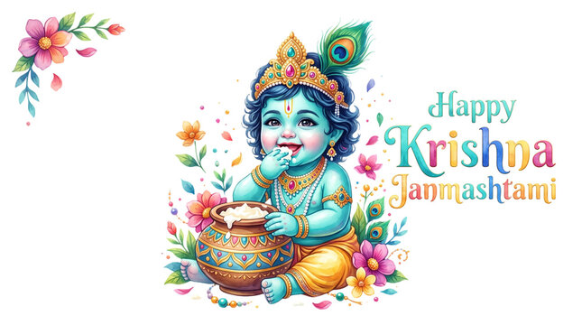 Cute baby krishna eating butter for happy krishna janmashtami isolated on transparent background