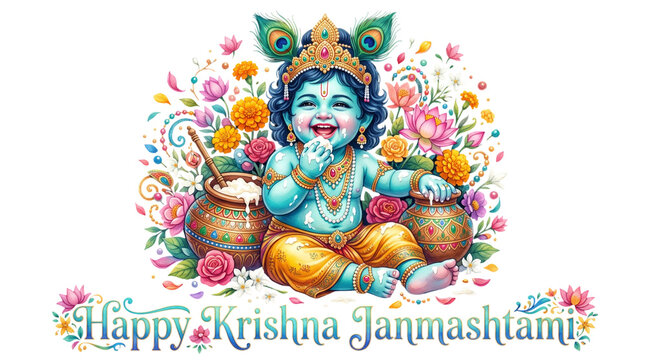 Happy krishna janmashtami celebration with baby krishna isolated on transparent background