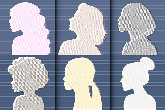 different race, ethnicity diversity group of women female silhouette icons, logo vector. Advertising layout, sheets, web, social media, web, banner