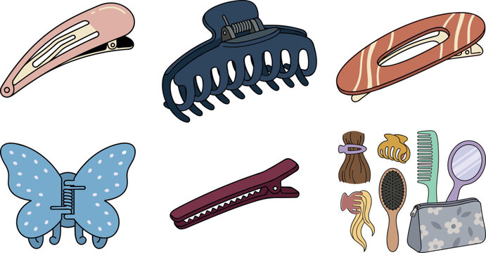 Hair Clip and Barrette Vector Set with Claw Clips Butterfly Clips Snap Clips Alligator Pins and Hairstyling Accessories
