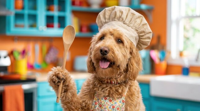 Chef dog with wooden spoon and apron