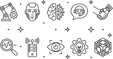 Fototapeta premium Artificial Intelligence and Robotics Technology Vector Line Art Icon Set with Cybernetic Brain and Cyborg