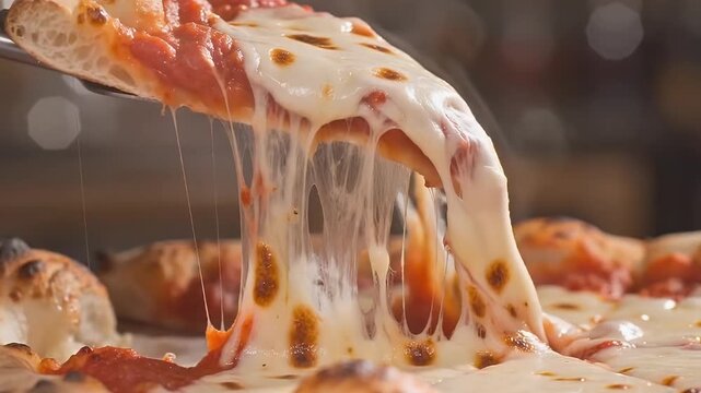 Lifting a Slice of Fresh Pizza with Long Stretchy Melted Mozzarella Cheese Pull in a Kitchen