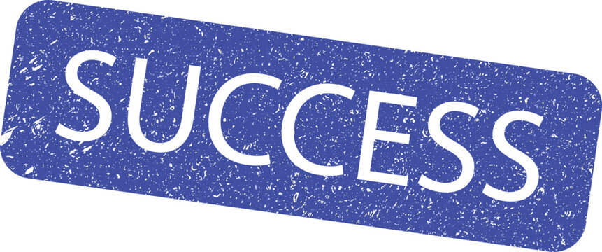 Blue ink grunge style rubber stamp mark featuring the bold word success on simple surface