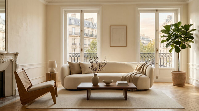 Bright and cozy living room interior design with modern cream sofa, wooden coffee table, and large windows overlooking city streets