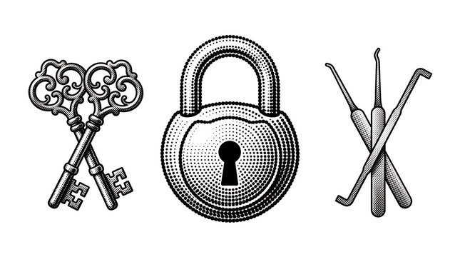 Vintage halftone locksmith illustration with skeleton keys padlock and professional lock picks.