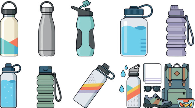 Reusable Water Bottles and Flasks Fitness Accessories Vector Set Featuring Stainless Steel Hydro Flask Straw Lid Backpack Towel Sneakers and Lunch Box Icons