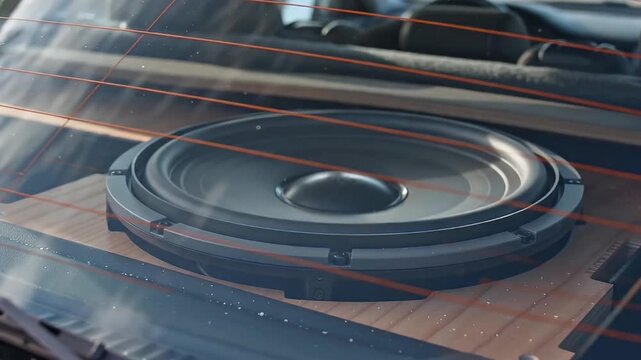 Overhead View of Car Subwoofer Audio Speaker System Installed Beneath Rear Windshield of Vehicle