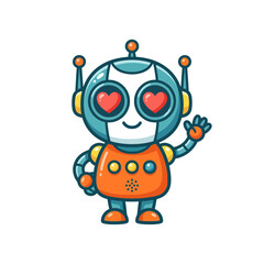 Fototapeta premium Cute cartoon robot in love with heart shaped eyes waving hand on white background