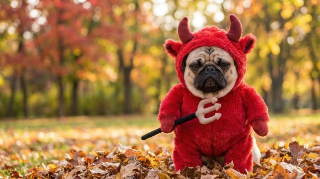 Pug dog in devil costume sits in autumn