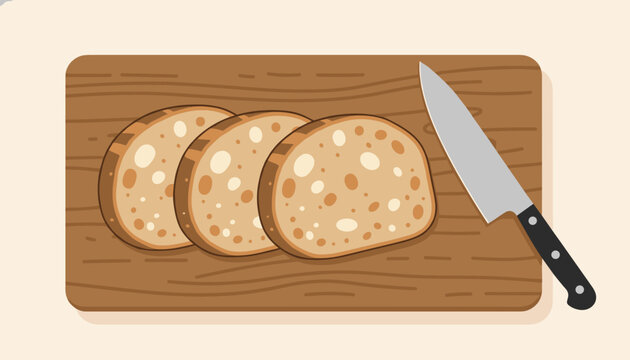 Three fresh slices of bread on wooden cutting board with kitchen knife isolated on beige background.