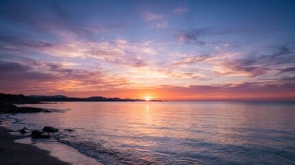 Beautiful vibrant sunset over the ocean horizon with colorful sky and water reflection © nshhhh