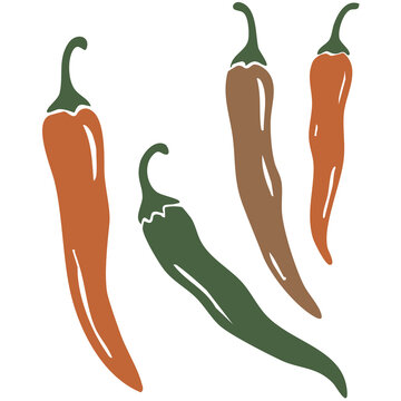 Chiles largos, ilustraci&oacute;n, Estilo color plano, tecnica de sello linobrabado digital, fondo transparente. 