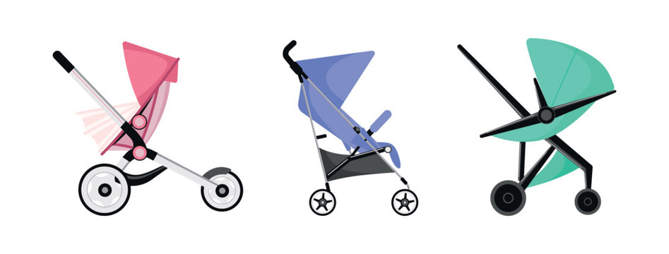 Vector collection of three modern colorful baby strollers and pushchairs for newborn care, nursery design and parenting projects.