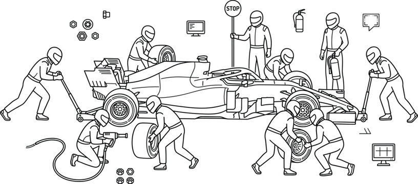 Formula One Racing Pit Crew Working on Race Car During Pit Stop Line Art Vector Illustration for Motorsport Designs