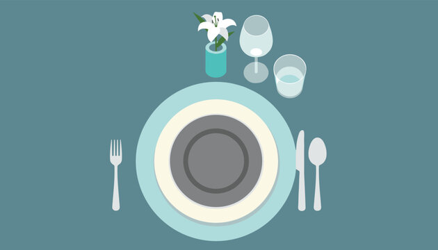 Elegant dinner table setting with plates, fork, knife, spoon, water glass, wine glass, and a small flower vase.