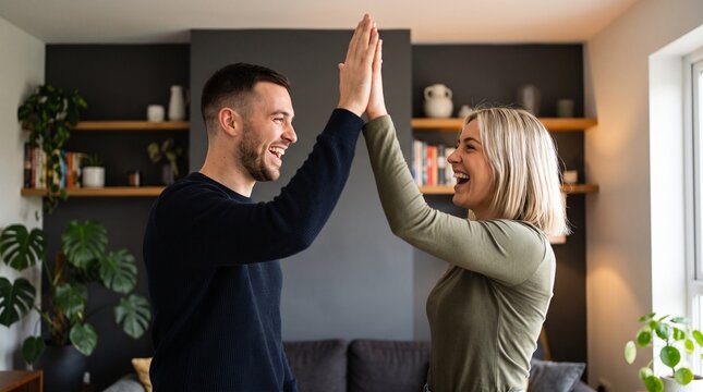 Happy young couple giving high five at home after mortgage approval, celebrating successful financial agreement, real estate deal, tax return refund, and budget planning indoors.