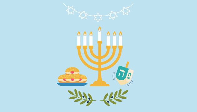 Beautiful Hanukkah greeting card template featuring a golden menorah, sweet jelly donuts, and a rotating dreidel.