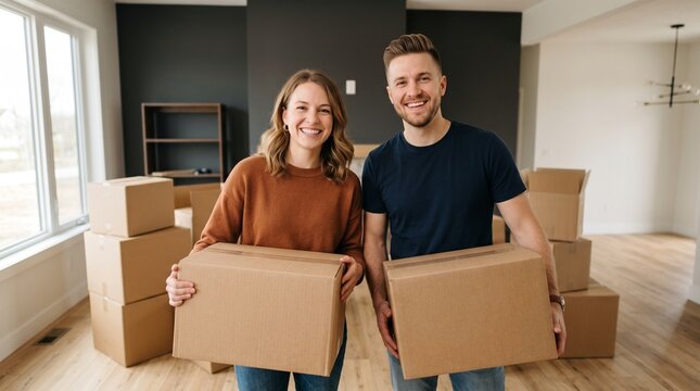 Happy young couple holding cardboard boxes for mortgage home loan moving day in new modern apartment interior, celebrating real estate investment property relocation and financial freedom.