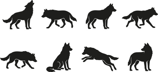 Obraz premium Collection of black wolf silhouettes in various poses against a white background