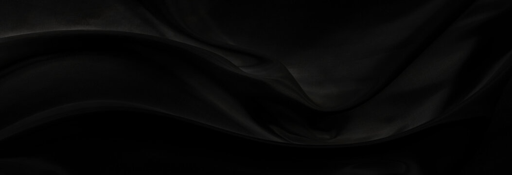Black gray satin dark fabric texture luxurious shiny that is abstract silk cloth panorama background with patterns soft waves blur beautiful.