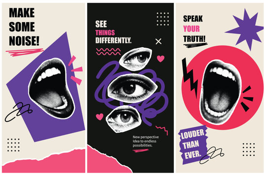 Halftone Pop Art Poster Set with Shouting Mouth and Eye Illustration. Make Some Noise See Things Differently Speak Your Truth Typography. Motivational Concept in Retro Style