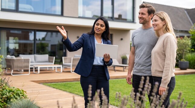 Indian female real estate agent showing modern luxury house exterior to young couple discussing mortgage and home purchase options during property investment consultation process
