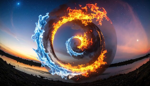 Abstract swirling circle of fire and ice elements.