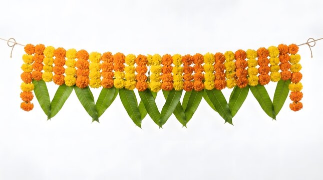 Traditional indian marigold flower and mango leaf toran isolated on white background