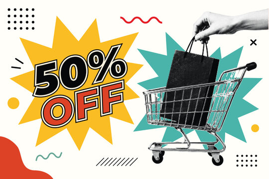 Halftone Pop Art Collage with Shopping Cart, Bag, and 50 Percent Off Typography. Bold Discount Star Burst for Retail Sale and Promotion in Retro Comic Style